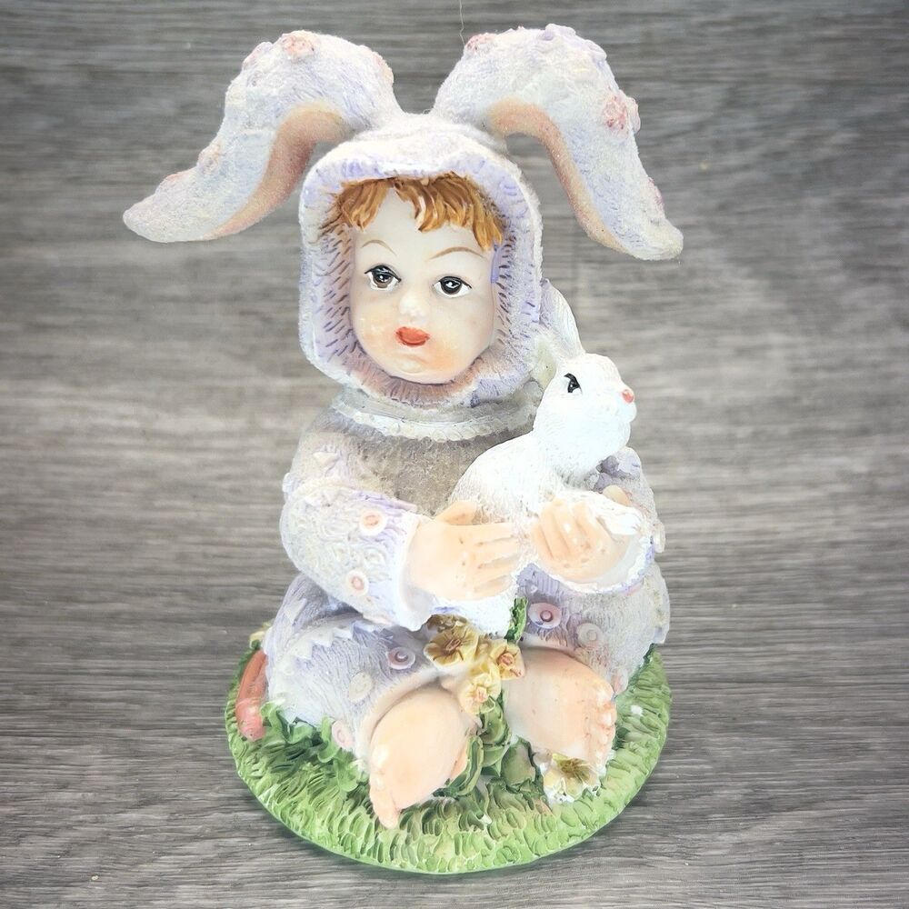 Vintage K's Collection Easter Figurine Boy In Bunny Suit w/ Pet Rabbit & Carrot